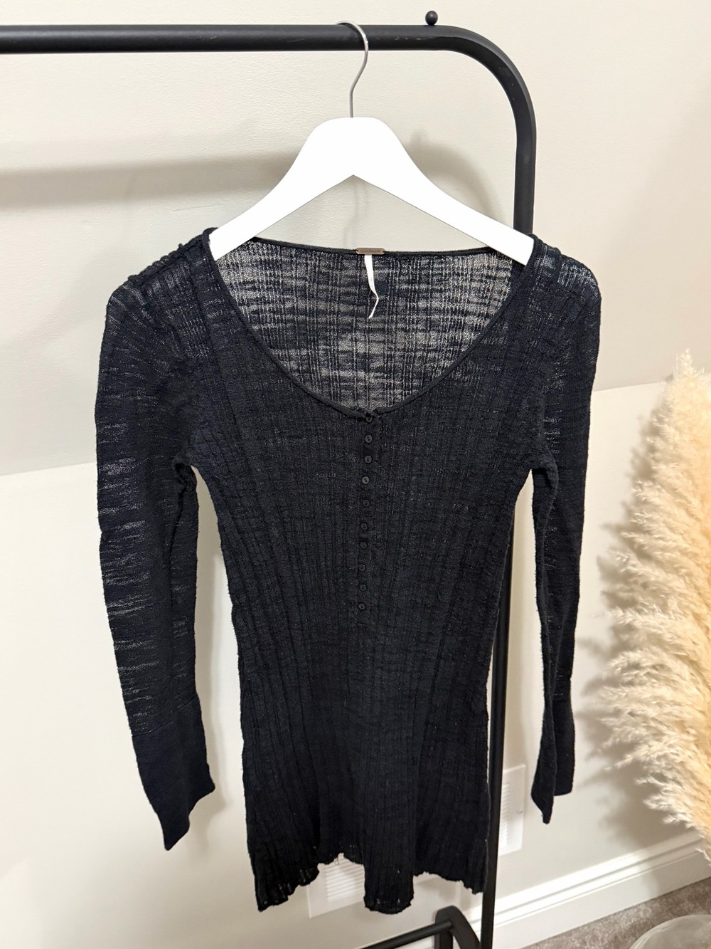 Black Ribbed Long Sleeve Knit Top - Unbranded